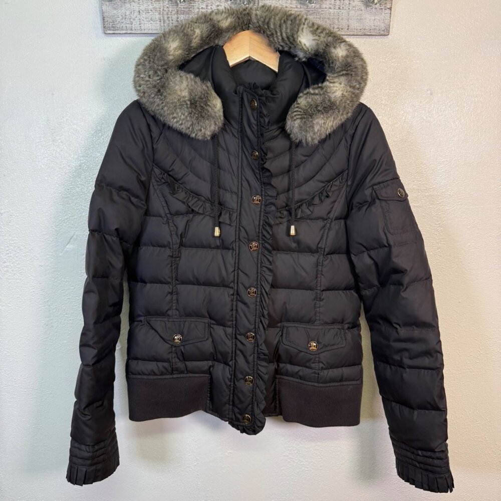 Juicy Couture Black Puffer Faux Fur Removable Hood Medium Y2K Gold Zip - Picture 8 of 16